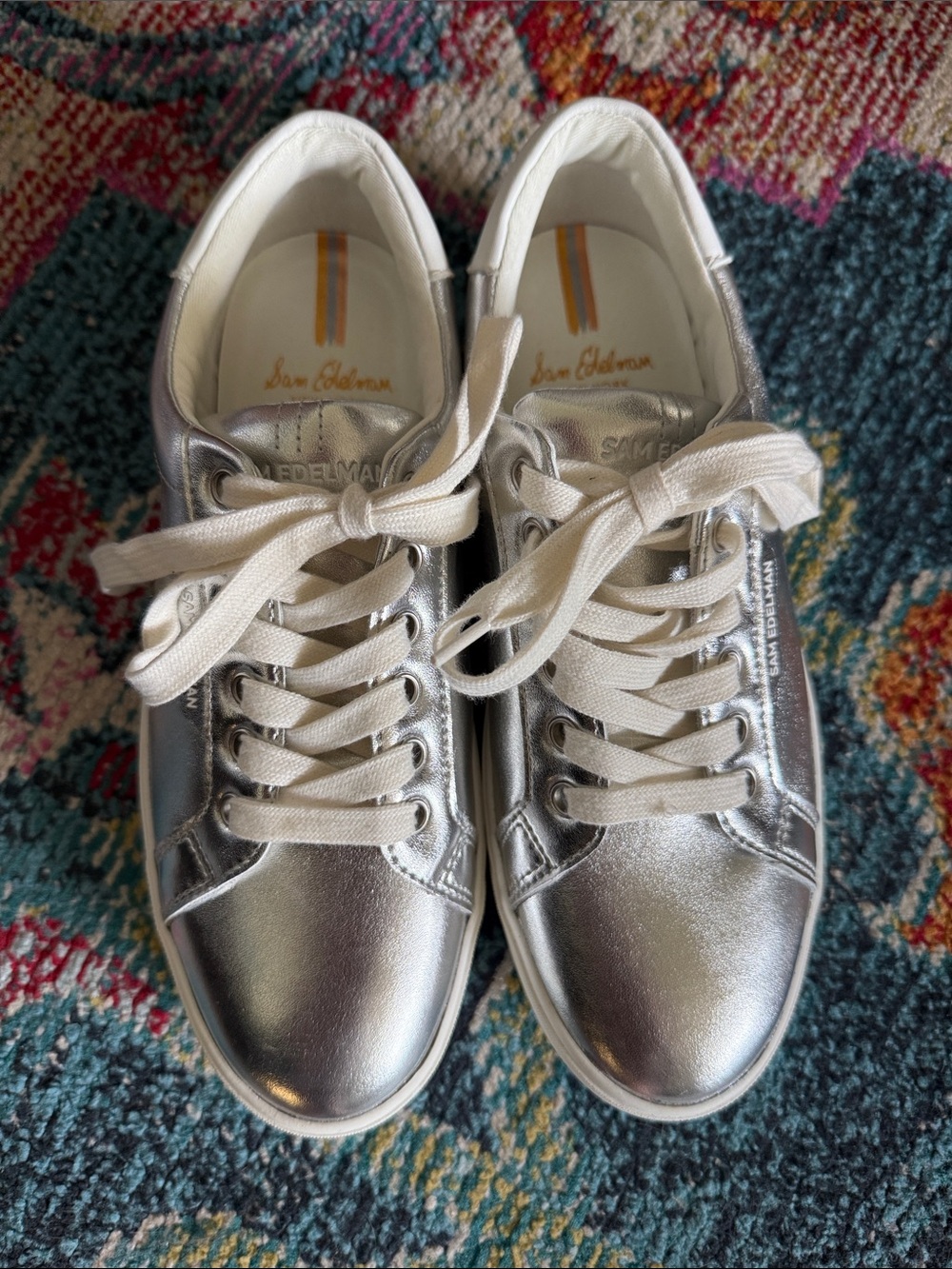 Sam Edelman Silver Metallic Lace-Up Sneakers with Cream Laces
